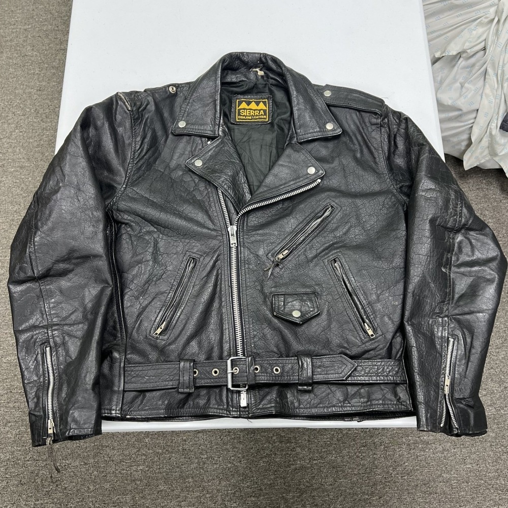 Sierra Leather Motorcycle Jacket Men XL Black Belted Biker Moto Asymmetrical Zip
